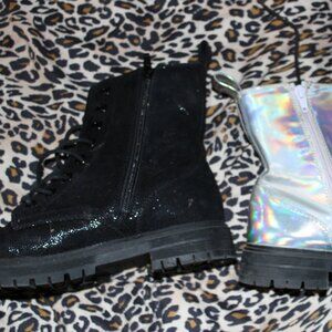 black glitter and holographic metallic boots